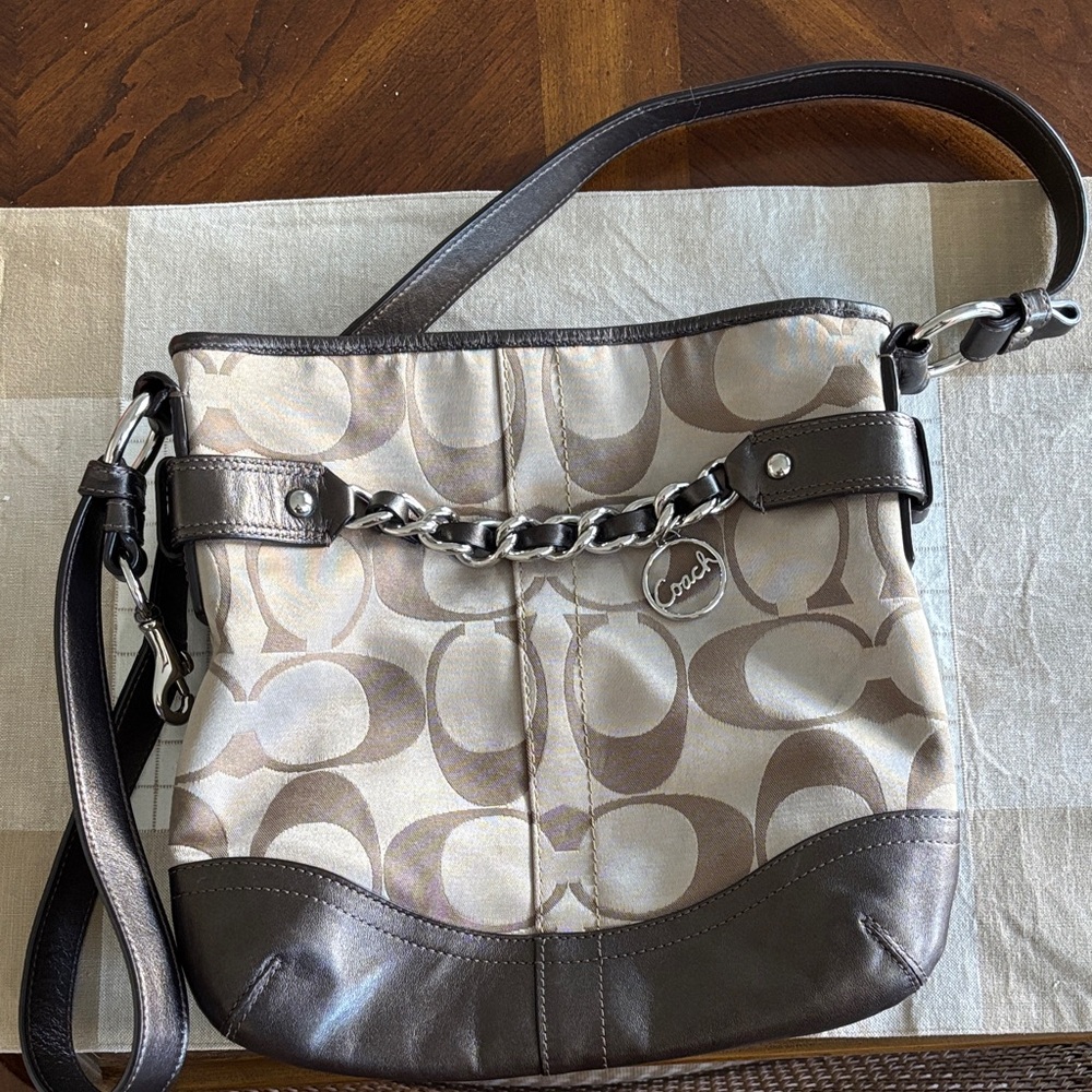 Coach Signature Brown and Cream Shoulder Bag